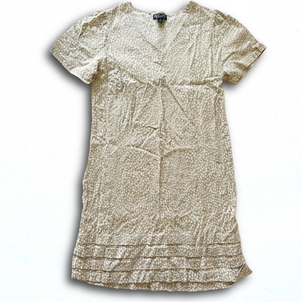 Nicole Miller Original Tan White Animal Print V-Neck Shift Dress Pintuck Hem M